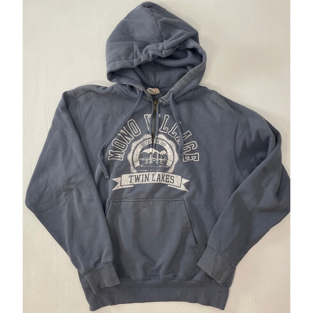 Vintage Blue Hooded Pullover Sweatshirt TWIN LAKES Mono Village Pro Weave Size M
